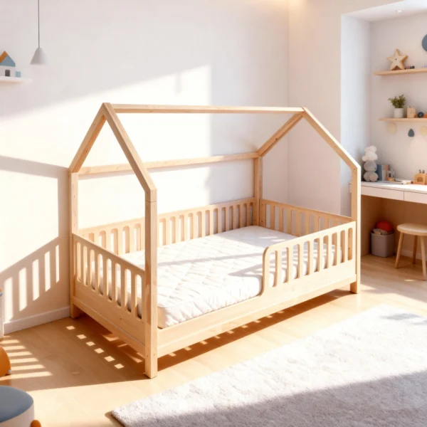 Pat pentru copii tip căsuță Montessori, vedere laterală, lemn masiv natur, design modern