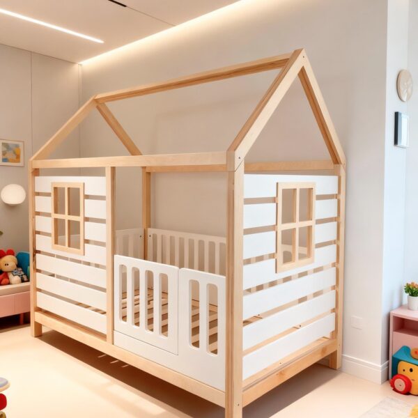 Pat căsuță Montessori alb cu cadru lemn natural, ferestre decorative și portiță, bariere siguranță în cameră modernă copii