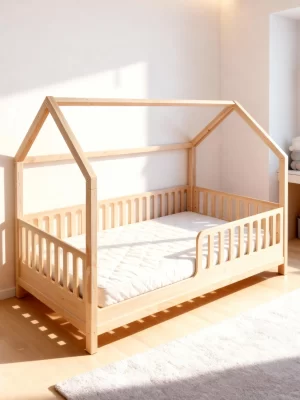 Pat pentru copii tip căsuță Montessori, vedere laterală, lemn masiv natur, design modern