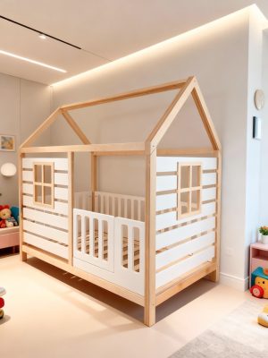 Pat căsuță Montessori alb cu cadru lemn natural, ferestre decorative și portiță, bariere siguranță în cameră modernă copii
